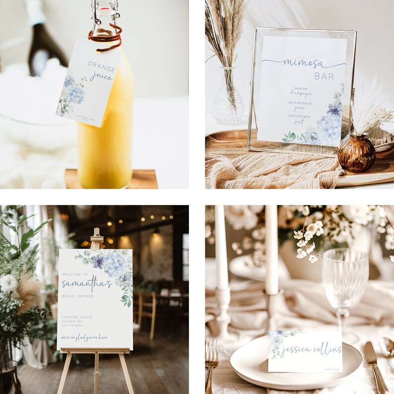 May include: A bridal shower welcome sign with blue watercolour flowers and the text "Welcome to Samantha's Bridal Shower". The sign is on an easel and there is a blurry background of a room with tables and chairs.