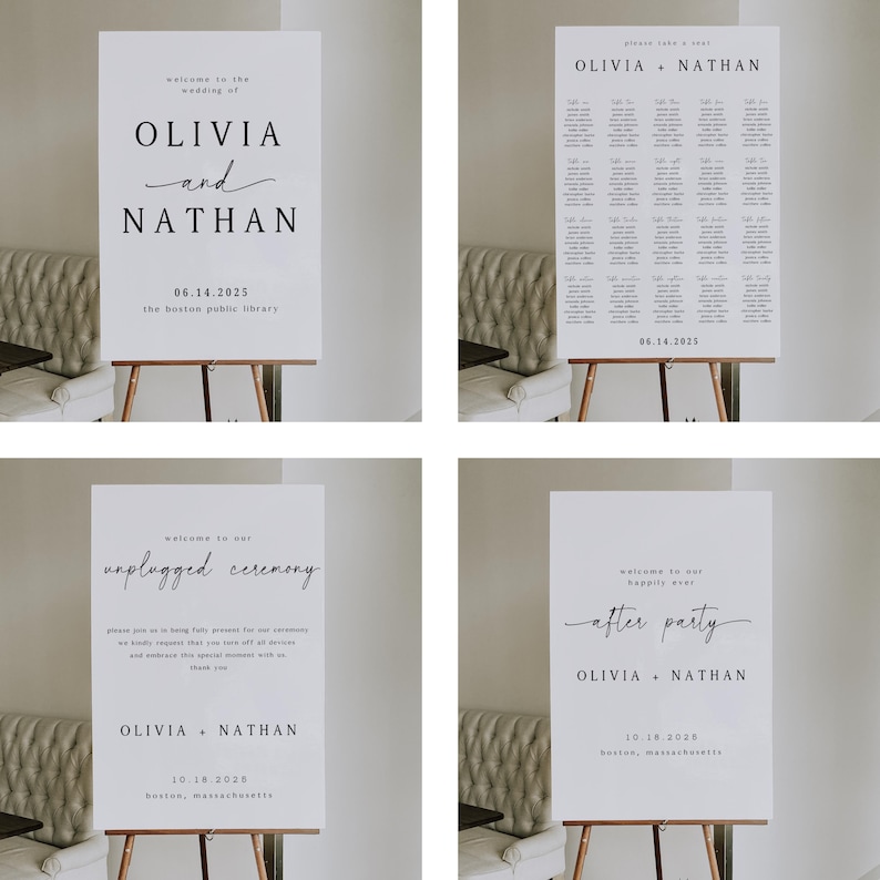 May include: Four white wedding signs on wooden easels. The signs feature black text, including names, dates, and locations. One sign reads "Olivia and Nathan" with the date and location. Another sign says "unplugged ceremony".