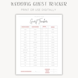 Wedding Guest List Tracker, Printable Guest Checklist for Wedding Organization, RSVP Tracker, Wedding Planning Template, Digital Organizer