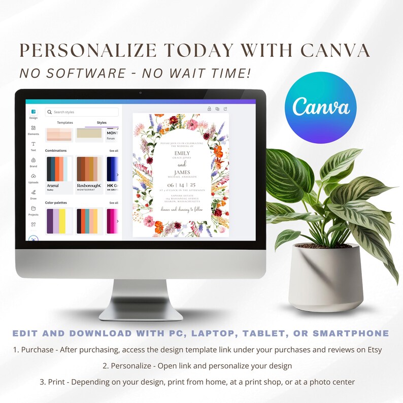 May include: A computer screen displaying a wedding invitation template on Canva. The template features a floral wreath with a watercolor design in shades of pink, orange, and blue. The text on the invitation reads "Emily and James" and includes the wedding date. The screen also shows a color palette and other design elements.