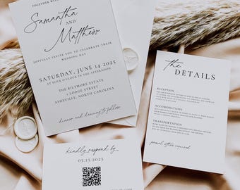 Elegante Hochzeitseinladungssuiten-Vorlage, Canva Minimale Hochzeitseinladungsvorlage, Einladungsset mit QR-Code-Rsvp-Karte, bearbeitbarer Download