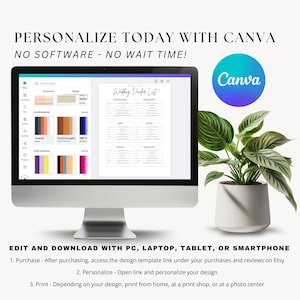 May include: A computer screen displaying the Canva website with a wedding vendor list template open. The text "Wedding Vendor List" is visible on the screen. The image also shows a potted plant and the Canva logo.