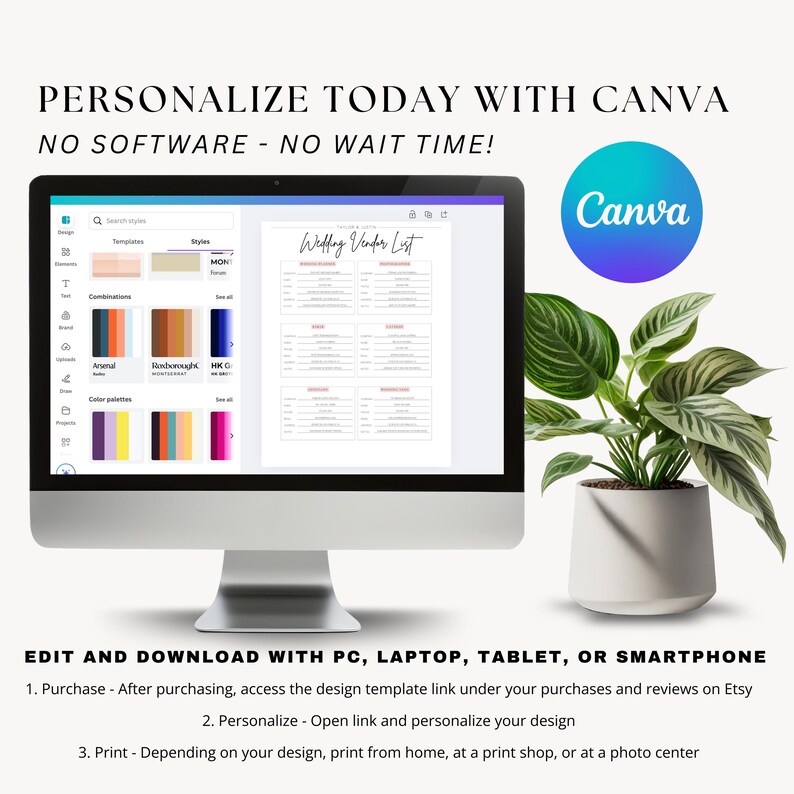 May include: A computer screen displaying the Canva website with a wedding vendor list template open. The text "Wedding Vendor List" is visible on the screen. The image also shows a potted plant and the Canva logo.