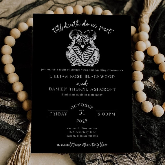 Till Death Do Us Part Skeleton Wedding Invitation, Gothic Halloween Wedding Invite Suite, Editable Printable Tarot Card Lovers Template