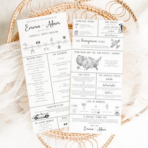 インフォグラフィックウェディングプログラムテンプレート、ユニークな結婚式プログラム、結婚式当日のタイムラインプログラムカード、モダンなインフォグラフィックプログラム