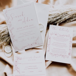 Blush Pink French Floral Wedding Invitation Suite, Vintage Toile de Jouy Editable Template, Dusty Rose Regency Chinoiserie Printable Set
