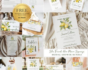 May include: A bridal shower bundle with a lemon theme. The bundle includes a variety of printable items, such as invitations, table numbers, and signs. The text "She Found Her Main Squeeze" is featured on the invitation and other items. The items are decorated with lemons, flowers, and greenery.