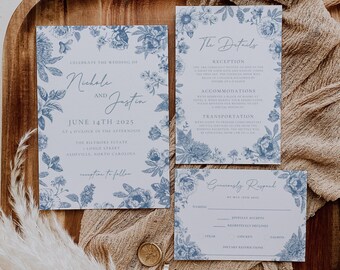 Dusty Blue Toile de Jouy Wedding Invitation Set, French Chinoiserie Wedding Invite Suite, Editable Vintage Floral Template, French Floral