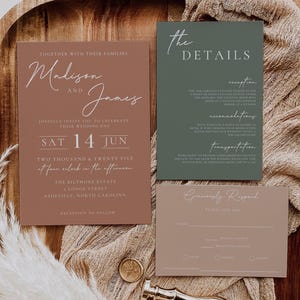 Ensemble de faire-part de mariage en terre cuite, modèle de faire-part de mariage rouille poussiéreux et vert sauge avec détails et cartes RSVP, invitation minimaliste bohème