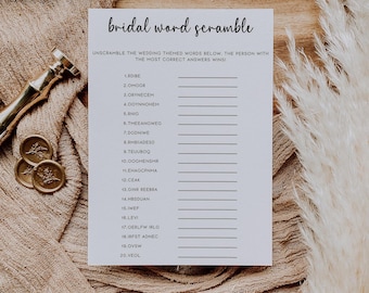 Minimalist Bridal Shower Word Scramble Game, Printable Instant Download, Fun Wedding Table Game Editable In Canva, Modern Bridal Shower Game