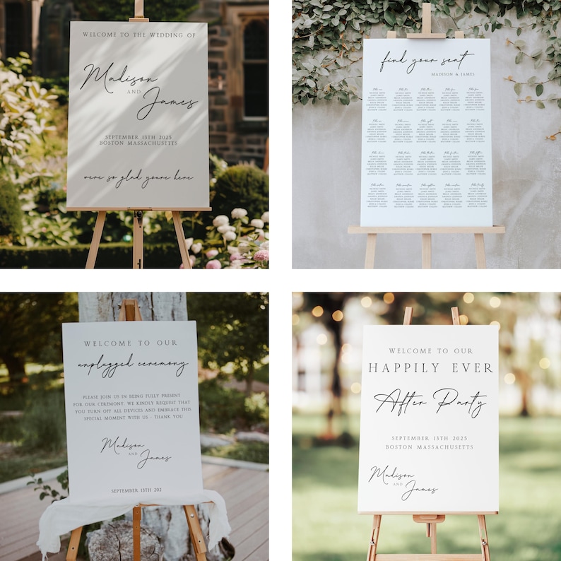 May include: Four wedding signs with white backgrounds and black text. The first sign says "Welcome to the wedding of Madison and James, September 13th, 2023, Boston, Massachusetts, we are so glad you are here". The second sign says "Find your seat, Madison & James" and has a seating chart. The third sign says "Welcome to our unplugged ceremony, Please join us in being fully present for our ceremony. We kindly request that you turn off all devices and embrace this special moment with us. Thank you, Madison and James, September 13th, 2023". The fourth sign says "Welcome to our Happily Ever After Party, September 13th, 2023, Boston, Massachusetts, Madison and James".