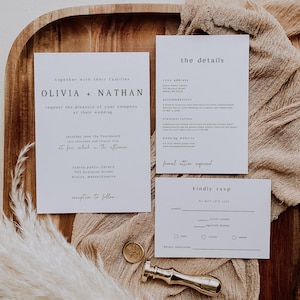 Conjunto de invitaciones de boda con guion minimalista y código QR para confirmar asistencia, conjunto de invitaciones modernas editables, paquete de plantillas imprimibles elegantes, descarga instantánea