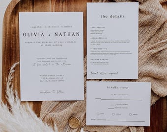 Minimalistyczny zestaw zaproszeń ślubnych z kodem QR RSVP, edytowalny nowoczesny zestaw zaproszeń, elegancki pakiet szablonów do druku, natychmiastowe pobranie