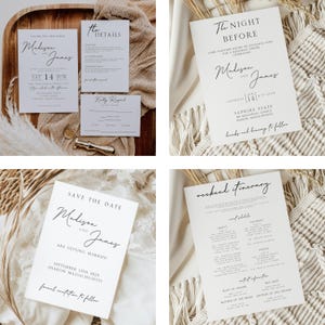 May include: A set of four wedding invitation cards with a minimalist design. The cards are white with black text and feature the names "Madison and James" and the date of the wedding. The cards are laid out on a natural background.