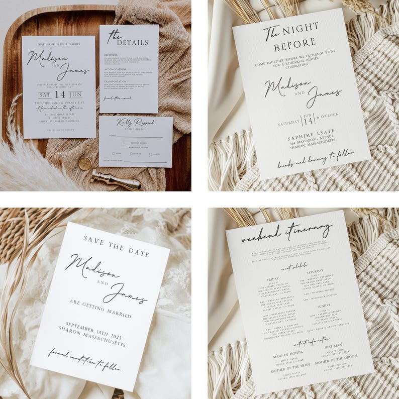 May include: A set of four wedding invitation cards with a minimalist design. The cards are white with black text and feature the names "Madison and James" and the date of the wedding. The cards are laid out on a natural background.