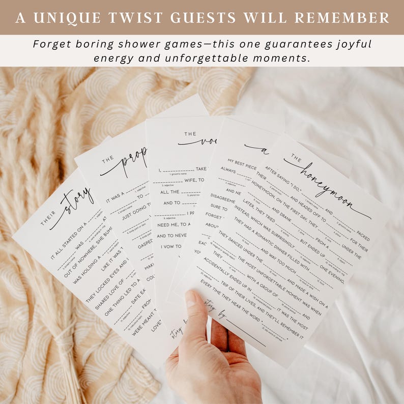 Printable icebreaker game for wedding reception with fill-in-the-blank prompts about the proposal