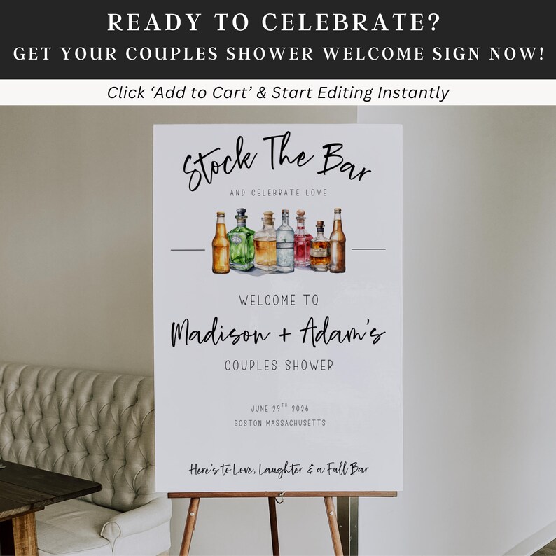 Stock the Bar party printable displayed at outdoor event with name and date customization