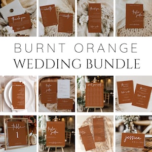 May include: A burnt orange wedding stationery bundle with various designs, including save the dates, menus, table numbers, and welcome signs. The text includes "Taylor & Justin" and "Find your seat".