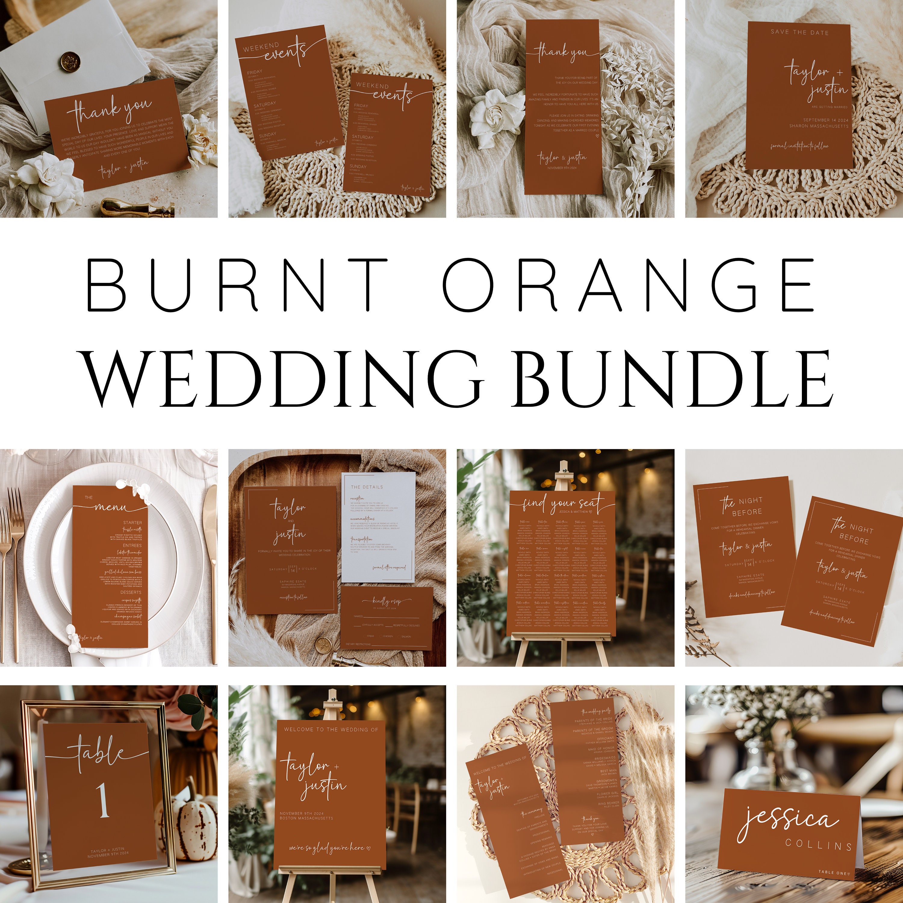 Burnt Orange Wedding Bundle, Burnt Orange Wedding Invitations Set Digital Invite, Burnt Orange Wedding Invites Bundle