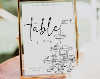 Champagne Tower Engagement Party Table Number Sign Black And White Engagement Sign Editable Digital Wedding Decor Table Card
