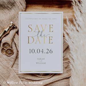 Convite de casamento elegante para 50º aniversário, modelo digital para download, cor dourada, editável.