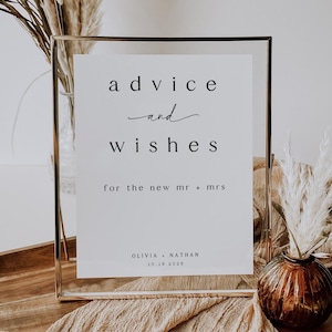 Einfache Ratschläge und Wünsche Zeichenvorlage, minimalistisches Hochzeitstischschild, druckbare Boho Brautparty, bearbeitbare Ratgeberkarte für Jungvermählten