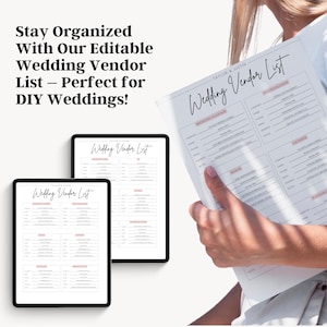 May include: Two printable wedding vendor lists on a white background. The lists are titled "Wedding Vendor List" and include categories for wedding planner, photographer, caterer, and more.