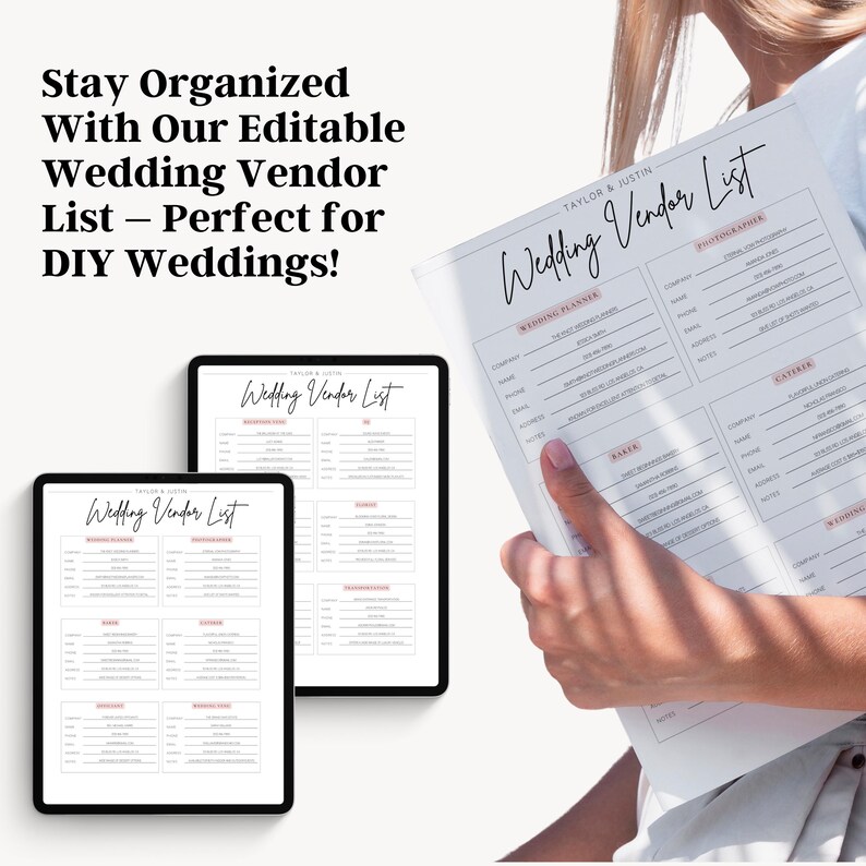 May include: Two printable wedding vendor lists on a white background. The lists are titled "Wedding Vendor List" and include categories for wedding planner, photographer, caterer, and more.
