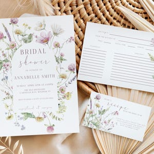 Invitación de despedida de soltera con flores silvestres Love In Bloom, invitación de despedida de soltera con flores bohemias imprimibles, despedida de soltera de primavera, receta y agradecimiento