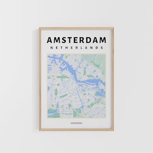 Plan de la ville d'Amsterdam. Impression de voyage aux Pays-Bas. Carte de l'Europe. Cartes du monde. Cartes des rues. Poster de voyage personnalisé. Art mural routard.
