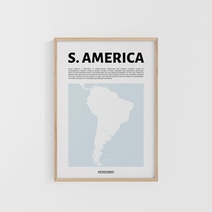 Mapa de Sudamérica. Impresión minimalista de viajes. Mapa de las Américas. Mapas del mundo. Mapas callejeros. Impresión de viajes personalizada. Arte urbano. Arte mural para mochileros.