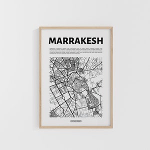 Plan de la ville de Marrakech. Impression de voyage minimale. Carte du Maroc. Cartes du monde. Cartes des rues. Impression de voyage personnalisée. Oeuvre d'art de la ville. Art mural routard.