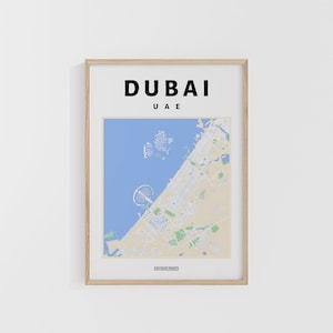 Mapa de la ciudad de Dubái. Impresión de viajes de los Emiratos Árabes Unidos. Mapa de Asia. Mapas del mundo. Mapas callejeros. Póster de viaje personalizado. Arte mural para mochileros.