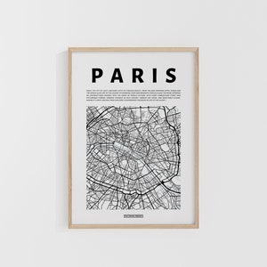 Mapa de la ciudad de París. Impresión minimalista de viajes. Mapa de Francia. Mapas del mundo. Mapas callejeros. Impresión de viajes personalizada. Arte urbano. Arte mural para mochileros.