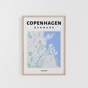 Mapa de la ciudad de Copenhague. Impresión de viajes a Dinamarca. Mapa de Europa. Mapas del mundo. Mapas callejeros. Póster de viaje personalizado. Arte mural para mochileros.