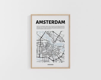 Amsterdam City Map. Minimal Travel Print. Netherlands Map. World Maps. Street Maps. Custom Travel Print. City Artwork. Backpacker Wall Art.