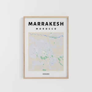 Plan de la ville de Marrakech. Impression de voyage au Maroc. Carte de l'Afrique. Cartes du monde. Cartes des rues. Poster de voyage personnalisé. Art mural routard.