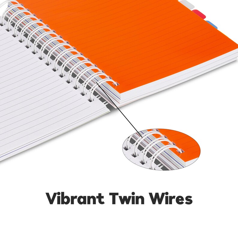 May include: Close-up of a spiral bound notebook with an orange cover and white lined pages. The notebook has twin wire binding with a vibrant colour.