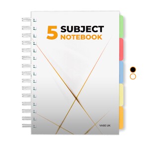 May include: A white notebook with a spiral binding and five colour-coded dividers. The cover features a gold geometric design and the text "5 SUBJECT NOTEBOOK". The brand name "VABE UK" is printed in the bottom right corner.