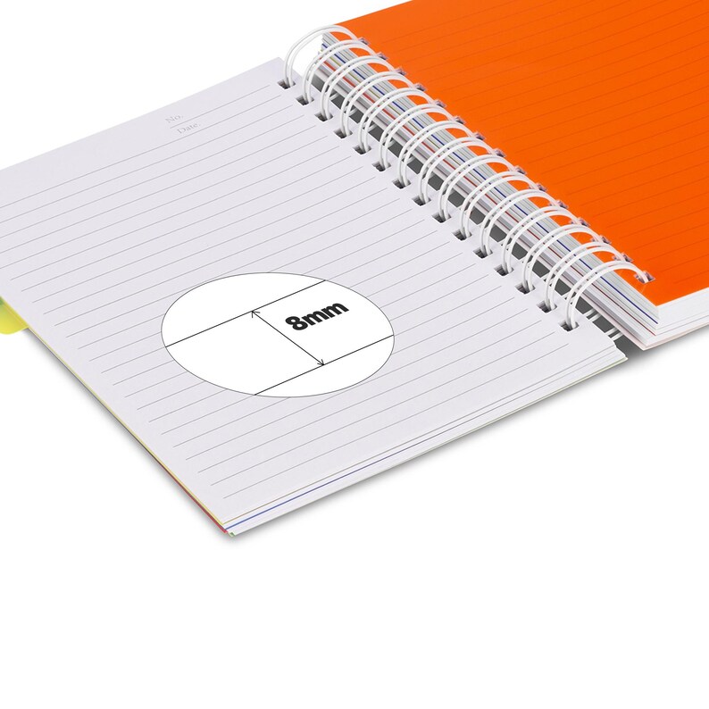May include: A white spiral bound notebook with lined pages. The notebook is open to reveal a blank page with a circle drawn on it. The circle has a line drawn through it with the text "8mm" written on the line.