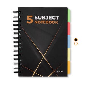 May include: Black notebook with gold accents and a spiral binding. The cover has the text "5 SUBJECT NOTEBOOK" and the brand name "VABE UK". The notebook has five colour-coded tabs.