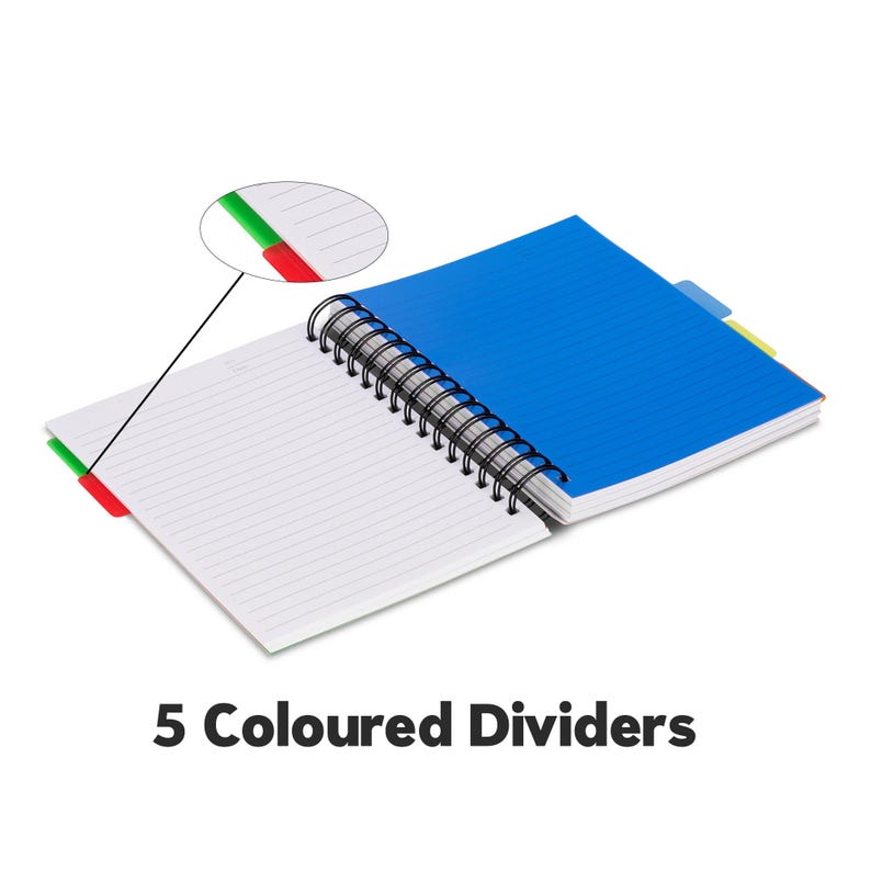 May include: A blue spiral bound notebook with 5 coloured dividers. The notebook is open to show the lined pages and the dividers.