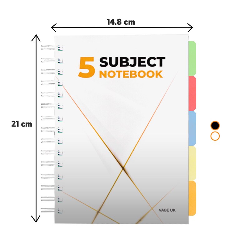 May include: A white notebook with a gold design and the text "5 SUBJECT NOTEBOOK" in orange. The notebook has five colour-coded tabs on the right side and measures 14.8 cm by 21 cm.