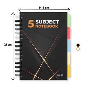 May include: A black notebook with gold accents and a spiral binding. The notebook has five subject dividers and the text "5 SUBJECT NOTEBOOK" on the front cover. The notebook measures 14.8 cm by 21 cm.