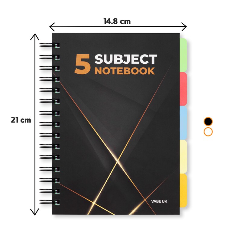 May include: A black notebook with gold accents and a spiral binding. The notebook has five subject dividers and the text "5 SUBJECT NOTEBOOK" on the front cover. The notebook measures 14.8 cm by 21 cm.