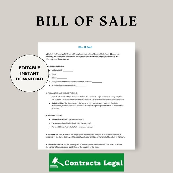 Bill of Sale, Bill of Sale Template, Vehicle Bill of Sale, Car Sale Form, Sale Receipt, Sale Contract, Auto Bill of Sale, Digital BOS