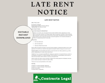 May include: Black and white late rent notice template with the text "LATE RENT NOTICE" in bold at the top. The template includes fields for the tenant's name, property address, rent due date, late fee, and total amount due. The notice also includes a section for payment options and contact information for the landlord.