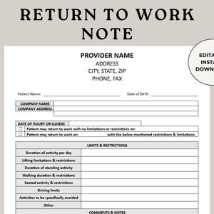 Terug aan het werk briefje, excuusbrief, doktersexcuus, werkexcuus, sjabloon voor excuses, spoedeisende zorg Dr. Note, nepartsenbriefje, Dr. Note for Work