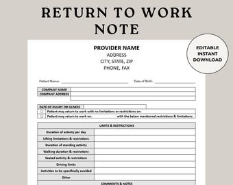 Return to Work Note, Excuse Letter, Doctor Excuse, Work Excuse, Excuse Template, Urgent Care Dr Note, Fake Doctors Note, Dr Note for Work