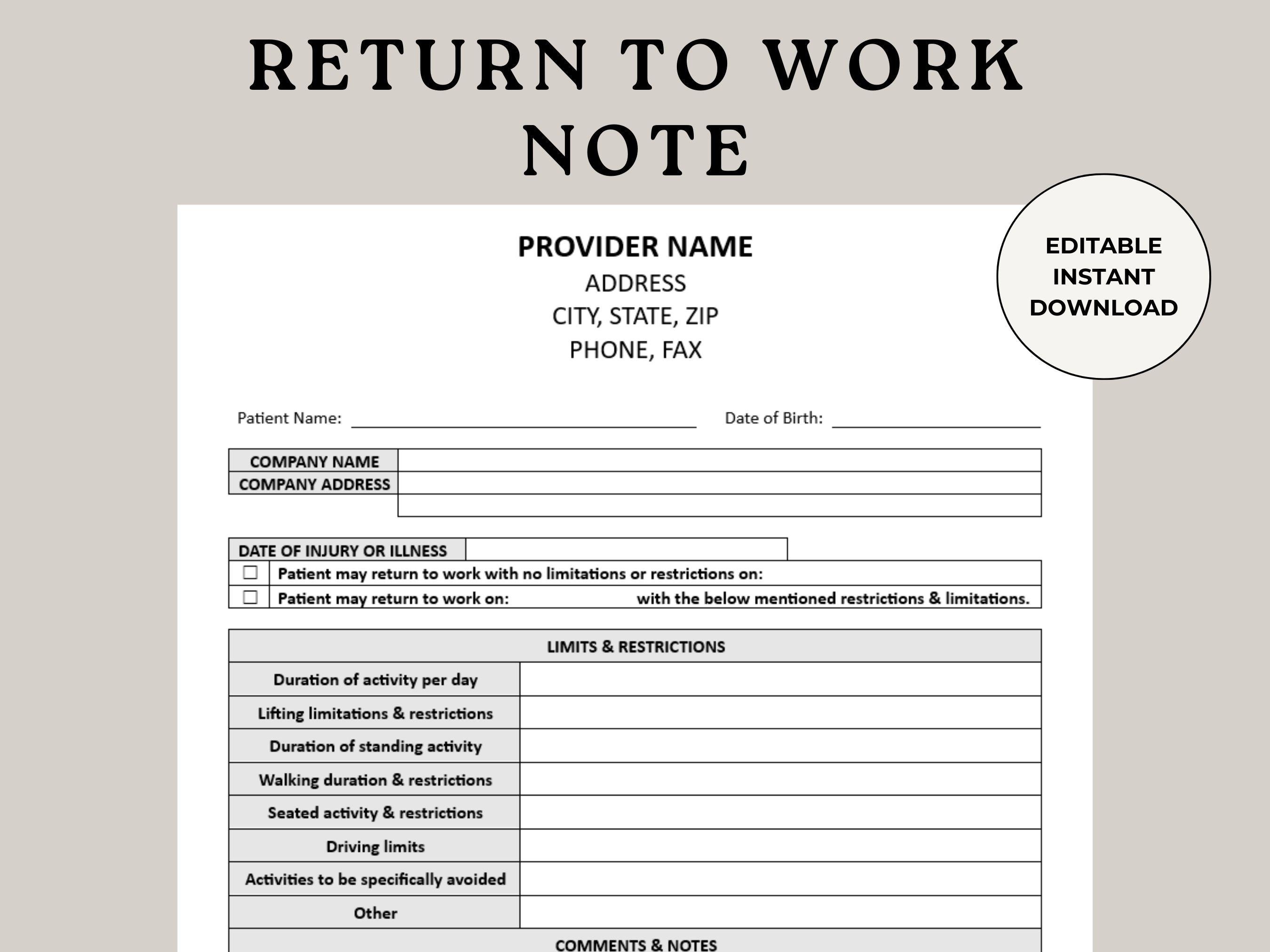 Return to Work Note, Excuse Letter, Doctor Excuse, Work Excuse, Excuse ...